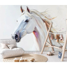 Fotobehang wit paard in artistieke stijl in een meisjeskamer, waar de schildering een elegante blikvanger vormt.
