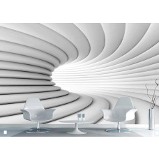 Een fotobehang van een witte 3D-tunnel, dat een optisch effect en een gevoel van ruimte geeft in een woonkamer.