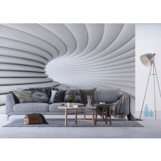 Een fotobehang van een witte 3D-tunnel, dat een minimalistische en vernieuwende sfeer creėert in een woonkamer.
