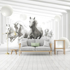 Een fotobehang met witte paarden in beweging, vastgelegd in een abstracte compositie.