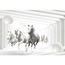 Witte paarden, galopperend weergegeven op een artistiek en abstract fotobehang.