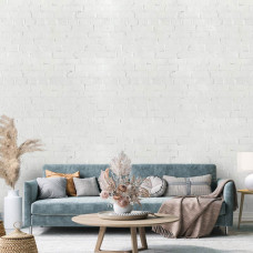 Een industrieel fotobehang van een witte bakstenen muur voor in de woonkamer en slaapkamer.