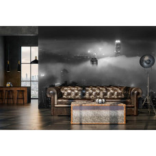 Een fotobehang van wolkenkrabbers in de nacht in New York, met wolken in de mancave.