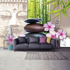 Een fotobehang van Boeddha en stenen met bloemen in een rustgevend ontwerp.