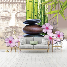 Een fotobehang met Boeddha, stenen en bloemen, ideaal voor de woonkamer.