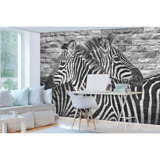 Een fotobehang met een schildering van een zebra op een stenen muur, geschikt voor een unieke uitstraling.