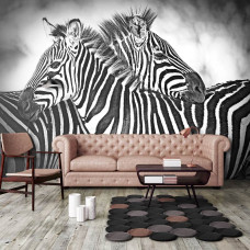 Een fotobehang met zwarte en witte zebraprints in een Afrikaanse setting, ideaal voor de woonkamer.