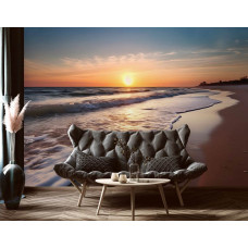 Een fotobehang van zee met zonsondergang en strand op vliesbehang in de woonkamer.