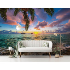Fotobehang met kleurrijke zonsondergang over de oceaan en palmbomen, prachtig in de woonkamer.