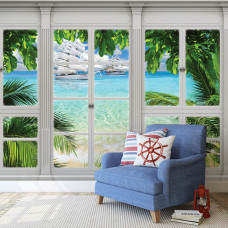 Fotobehang van zeezicht door raam in 3D-perspectief met boten in huiskamer.