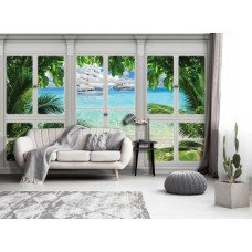 Fotobehang zeezicht door het raam met boten in woonkamer.