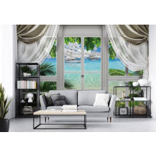 Een fotobehang van een uitzicht op zee met palmbomen, passend voor de huiskamer.