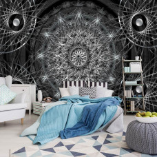 Een fotobehang met zilveren mandala abstract kunst voor de slaapkamer.