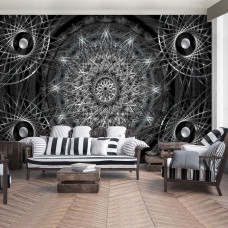 Een fotobehang met zilveren mandala abstract kunst op vliesbehang voor de woonkamer.
