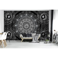 Een fotobehang met zilveren mandala abstract kunst voor de woonkamer.