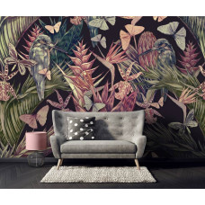 Een fotobehang met een kleurrijke zomertuin vol vogels en vlinders voor zowel slaapkamer als woonkamer.