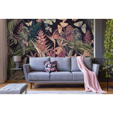 Een kleurrijk fotobehang met vogels en vlinders in een zomertuin, geschikt voor de woonkamer.
