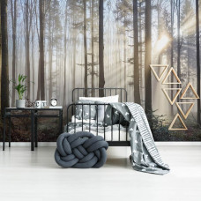 Een fotobehang van zonnestralen die door de bomen in het bos schijnen te zien in de kinderkamer.