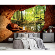 Een fotobehang van een zonnig bos, gezien vanuit een grot in 3D-stijl, in een serene slaapkamer.