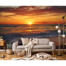 Een fotobehang van zonsondergang aan zee met natuur landschap op vliesbehang in de woonkamer.