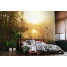 Een fotobehang van een zonsondergang boven het mistige meer in de natuur, ideaal voor de slaapkamer.