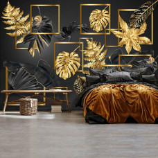 Een fotobehang van zwart gouden bladerenpracht abstract kunst voor de slaapkamer.