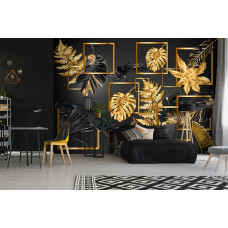 Een fotobehang van zwart gouden bladerenpracht abstract kunst voor een tienerkamer.