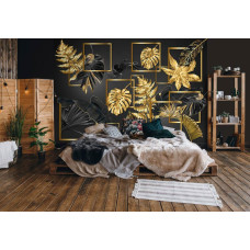 Een fotobehang van zwart gouden bladerenpracht abstract kunst voor op vliesbehang in de slaapkamer.