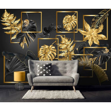 Een fotobehang van zwart gouden bladerenpracht abstract kunst voor de woonkamer.