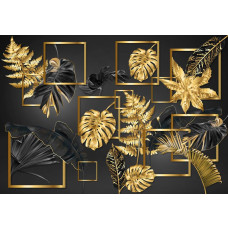 Fotobehang van zwart en gouden bladerenpracht, weergegeven in een abstract kunstontwerp.