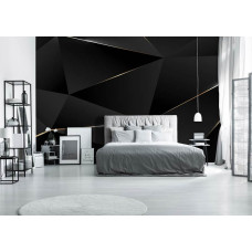 Een fotobehang met zwarte 3D-geometrische driehoeken en gouden randen met 3D-effect te zien in de slaapkamer.