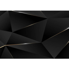 Zwart 3D fotobehang met geometrische driehoeken en gouden randen, abstracte vormen.