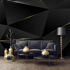 Een fotobehang met zwarte 3D-geometrische driehoeken en gouden randen te zien in de huiskamer.