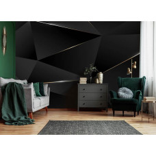 Een fotobehang met zwarte 3D-geometrische driehoeken en gouden randen te zien in de woonkamer.