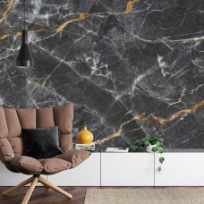 Een fotobehang met een elegante zwarte marmeren muur in een huiskamer.