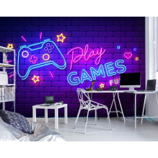 Game behang voor kinderen met daarop een neon verlichte controller en tekst play games in de gamekamer.