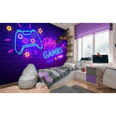 Game behang voor kinderen en gamers met daarop een neon verlichte controller en tekst play games in de kinderkamer.