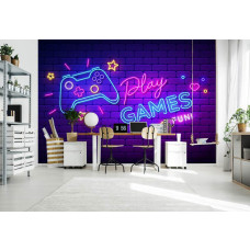 Game behang voor gamers met daarop een neon verlichte controller en tekst play games in de gameroom.