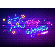 Game behang met daarop een neon verlichte controller en tekst play games.