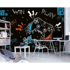 Een speels game-fotobehang met controllers en iconische gaming details voor een gamekamer.