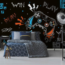 Een game-fotobehang met elementen van PlayStation en Nintendo, ideaal voor een kinderkamer.
