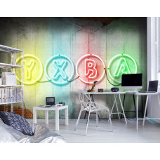 Een fotobehang met neon Xbox-elementen en een stoere betonnen look voor een gameroom.