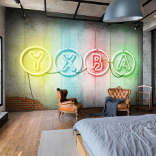 Een gaming-thema vliesbehang met Xbox-symbolen en een industrieel ontwerp, geschikt voor een kinderkamer.