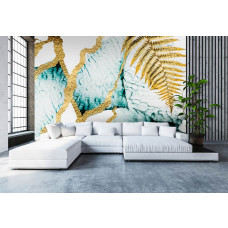 Een goud marmer-fotobehang met veren in een industrieel ontwerp, perfect voor een woonkamer.