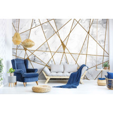 Een modern vliesbehang met gouden marmerdetails, geschikt voor een stijlvolle woonkamer.