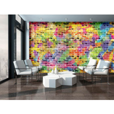 Een graffiti-muur fotobehang met kleurrijke muurschildering en bakstenen te zien in de woonkamer.
