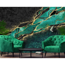 Een verfijnd marmer-fotobehang met een combinatie van groen en goud, geschikt voor een slaapkamer.