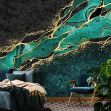 Een groen en goud marmer-fotobehang met een luxe uitstraling, ideaal voor een slaapkamer.