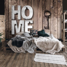 Een fotobehang met houten planken en een sleutel voor de slaapkamer.