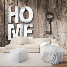 Een fotobehang met houten planken en een sleutel voor de woonkamer.